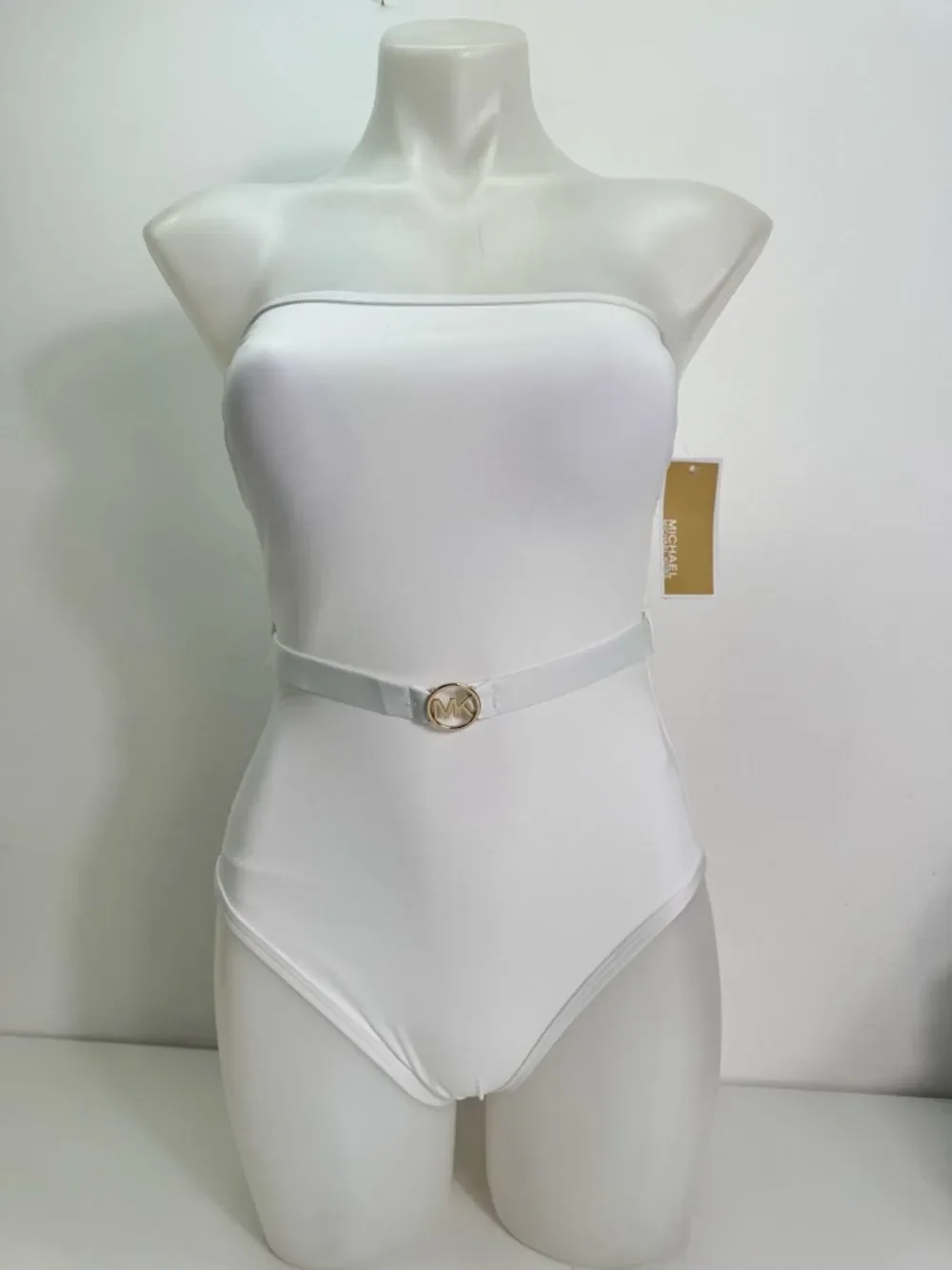 Michael Kors White Strapless One-Piece Swimsuit with Gold MK Ring Belt Sz 6 NWT